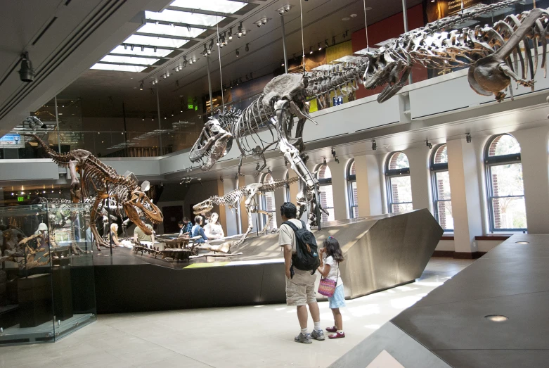 a group of people walking through a museum