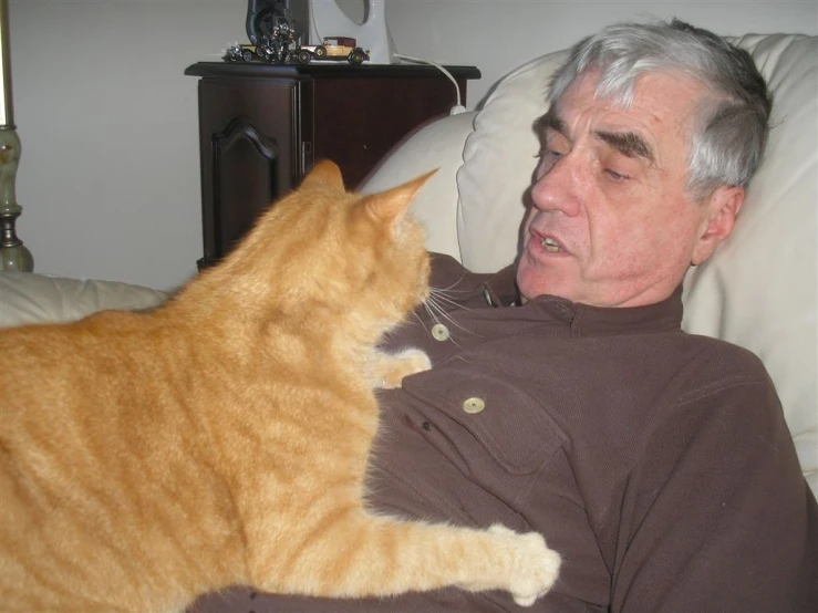 a man sitting on the bed with an orange cat