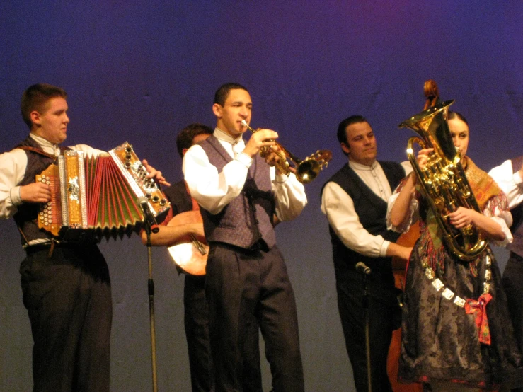 a group of musicians is playing an accordion