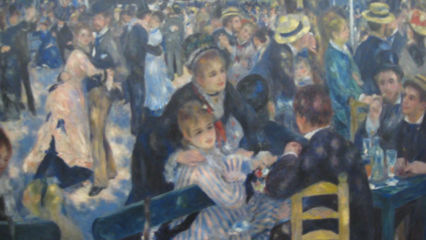 this painting shows people sitting at a gathering