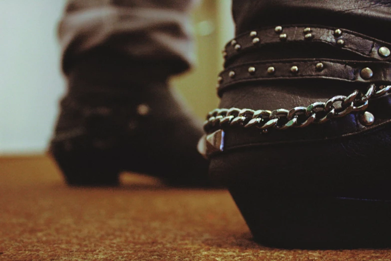 close up of heeled boots with chain decoration on the heel