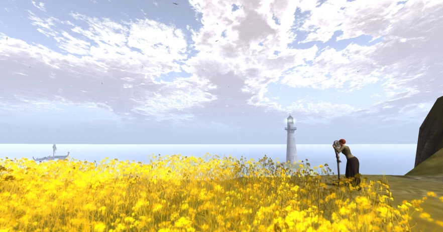 this is a digital painting of a man in a field of flowers