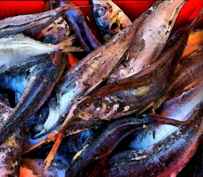 an arrangement of fish for sale in a basket