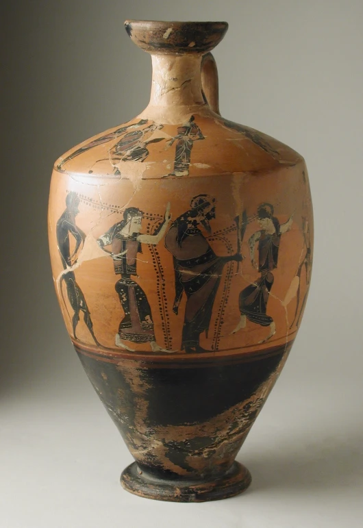 a vase with an image of people and dogs painted on the outside