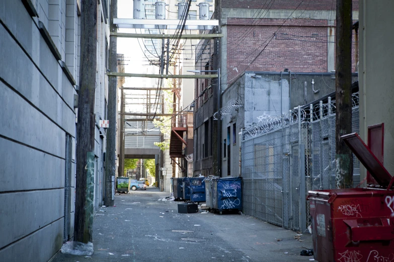 an alleyway filled with garbage cans and graffiti