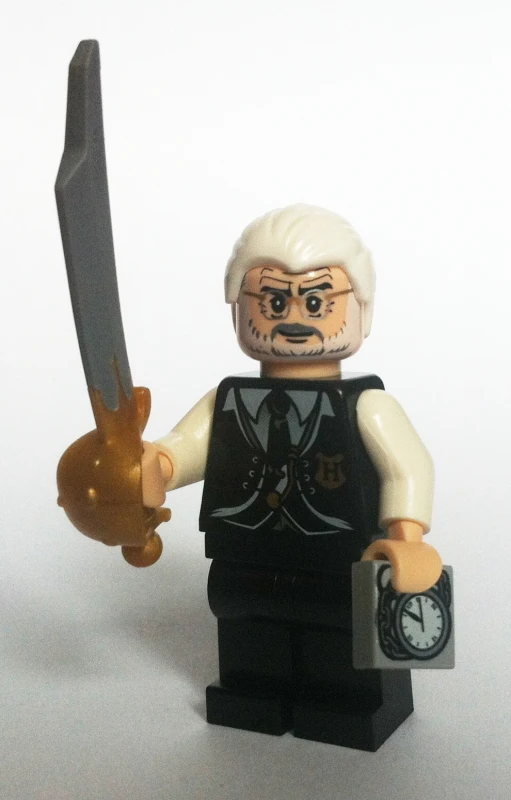 a lego man with a sword and a watch