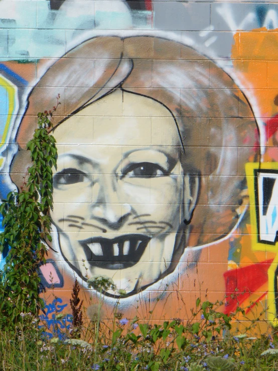 a mural of a smiling woman with a man in front of it