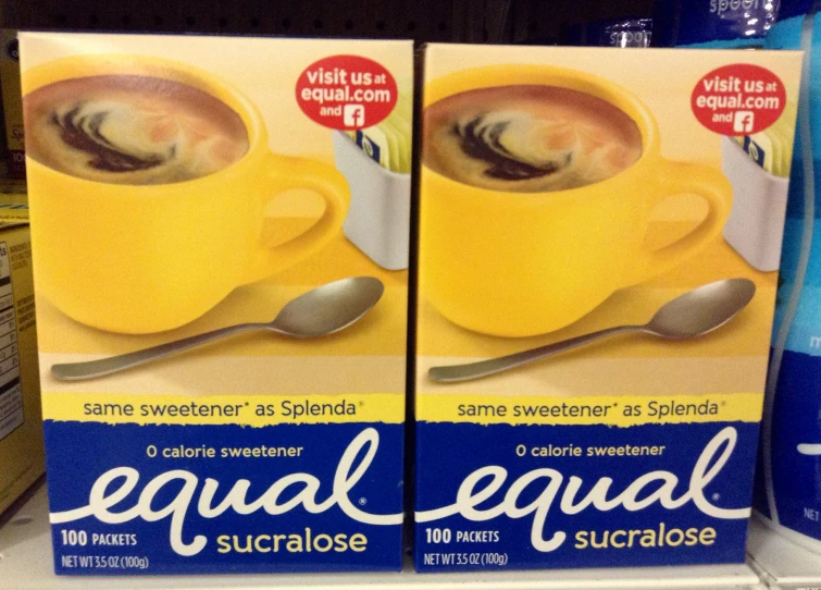 two boxes of equal beverages are on a store shelf