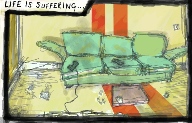 a watercolor and ink drawing of a sofa with writing on the side