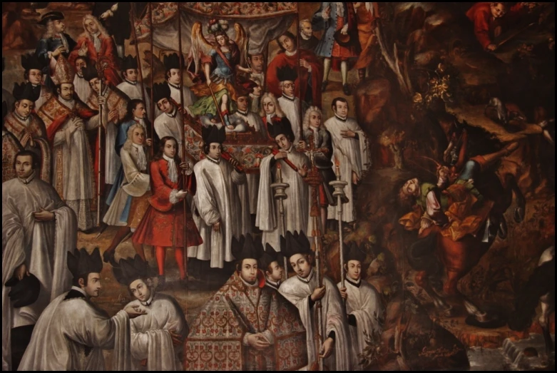 an intricate painting depicting the crucifix with several figures
