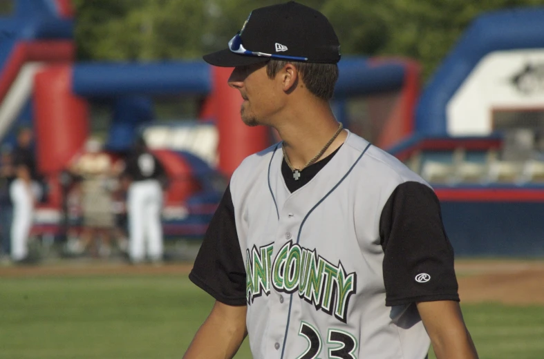 a man standing on top of a field in a baseball uniform