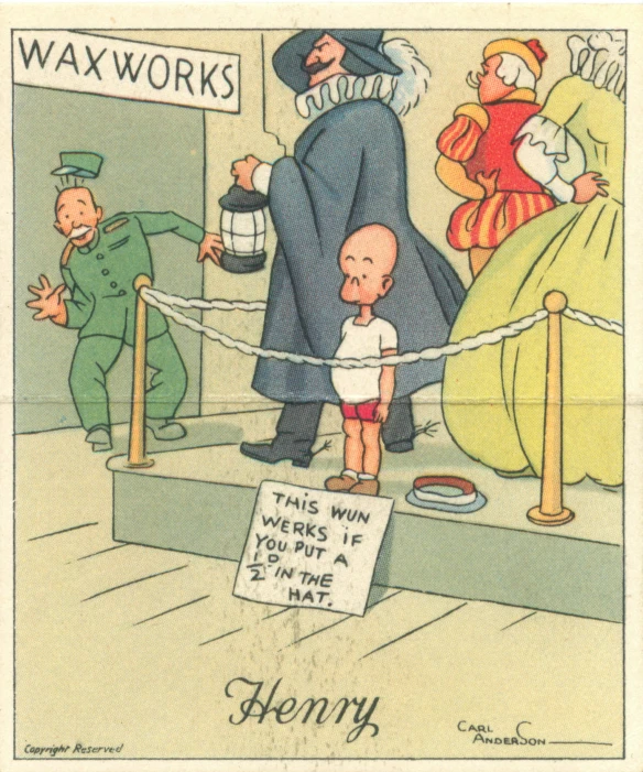 cartoon depicting a small baby dressed in a suit being watched by a man and woman