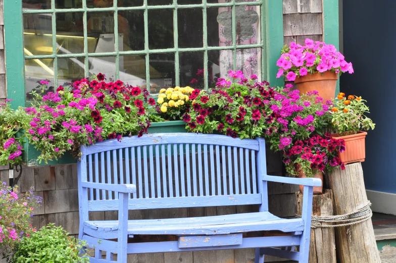 there is an empty blue bench in front of a window