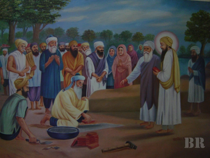 a painting depicts a group of people working with a bowl of water