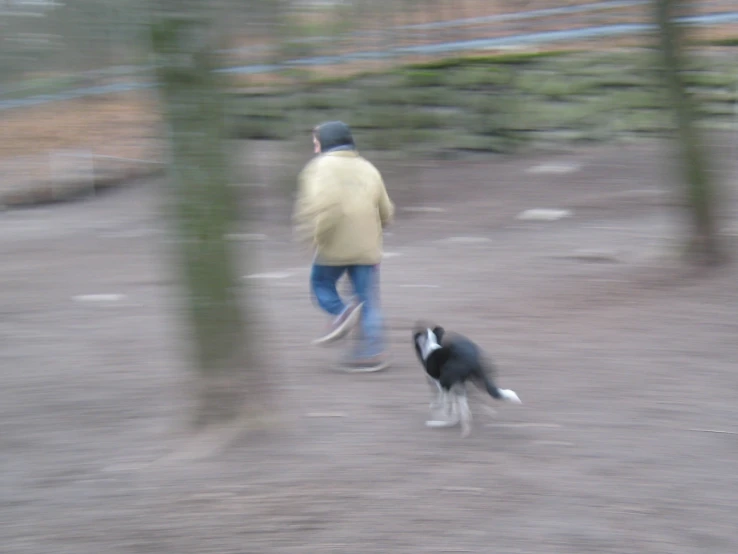 a person walking with their dog in the dirt