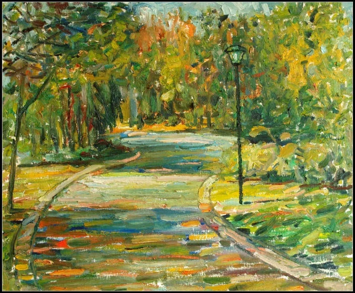 a painting of trees with a road next to them