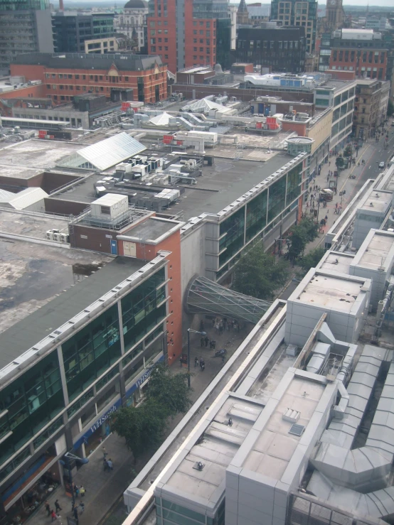 an aerial view of various buildings and streets