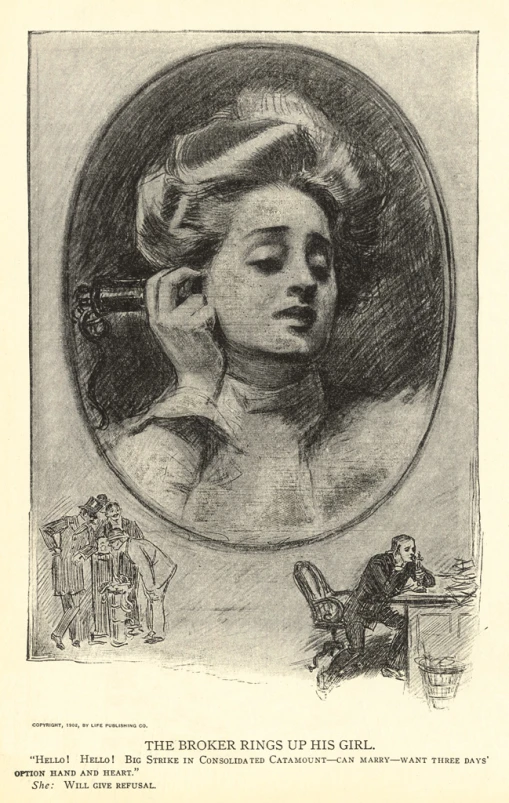 drawing of a woman with her hand up to her ear