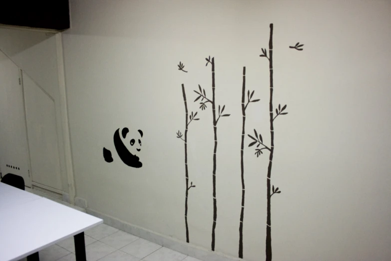 a panda bear wall mural near a white table