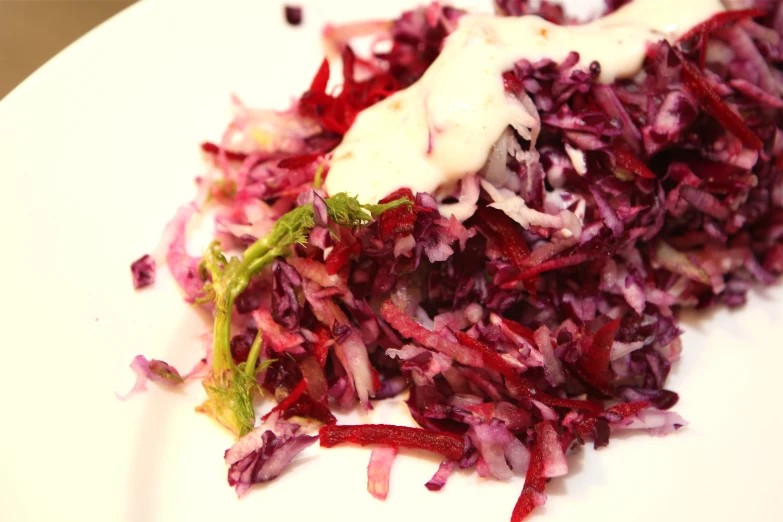 food is sitting on a white plate with a dressing in the middle