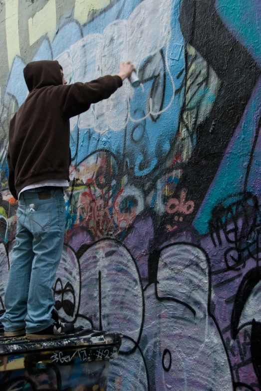 a person on a skateboard near a graffitti