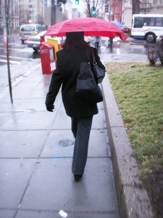 a person walks down the sidewalk with an umbrella