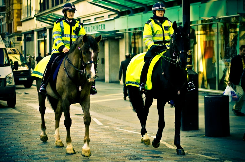 two policemen are riding on horses in the city