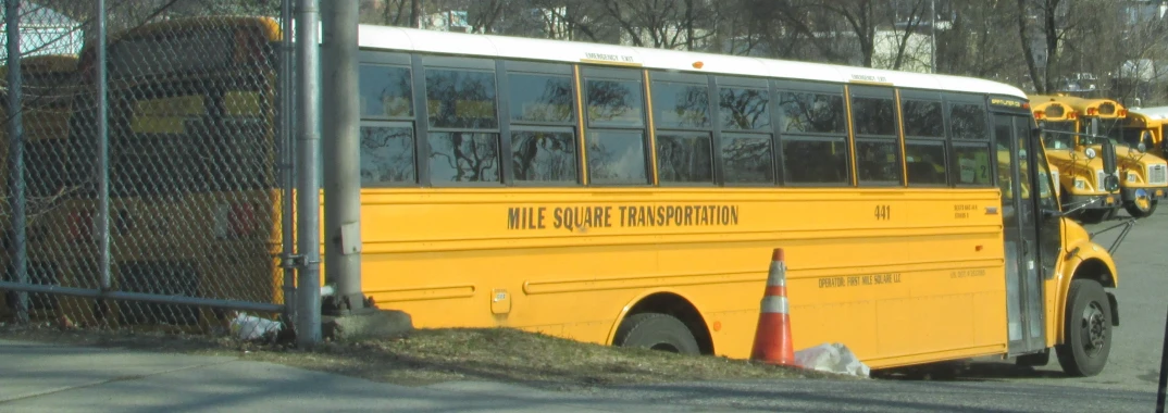 school buses parked by a fence in a parking lot