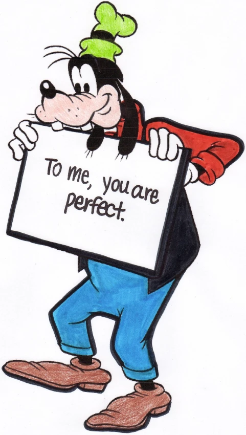 mickey mouse holding a sign with words written on it