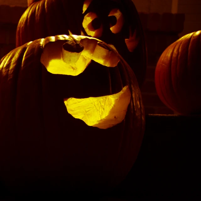 three carved pumpkins on display in a window