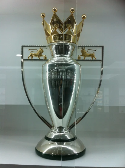 a shiny, silver and gold trophy is in a glass case