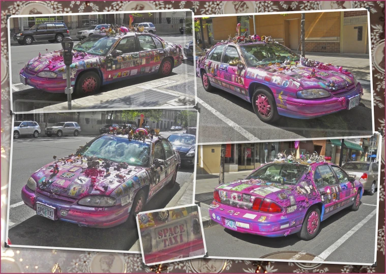 several images of cars with pink decorations on them