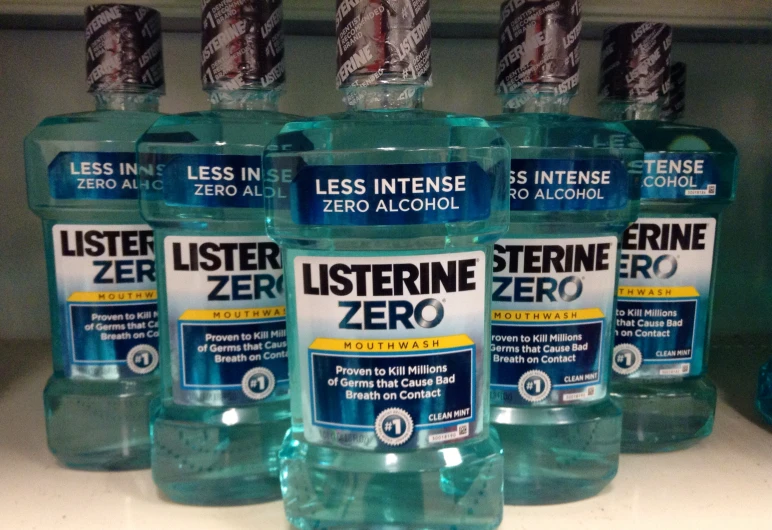 several bottles of listerine zero sit on the counter