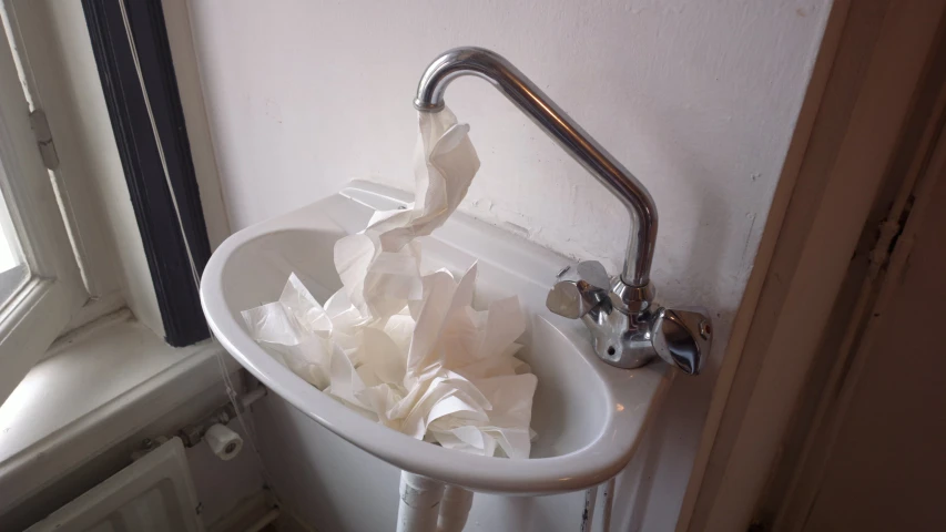 a white sink holding some toilet paper