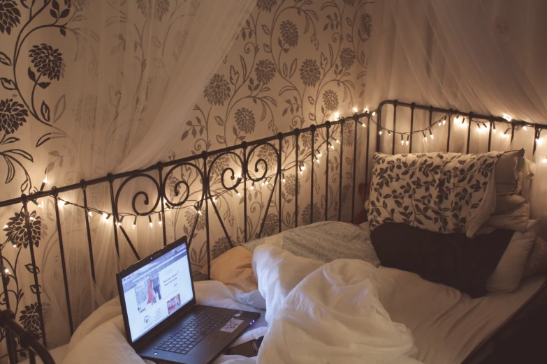 this is an image of a laptop on a bed