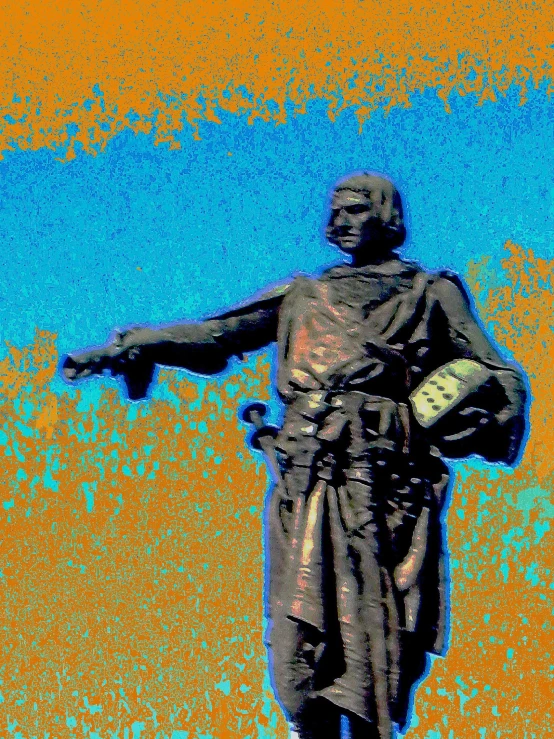 a statue of a man with a backpack in front of blue yellow and orange background