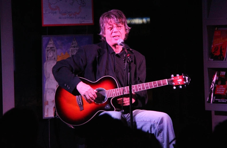 a man with a guitar sitting in front of a microphone