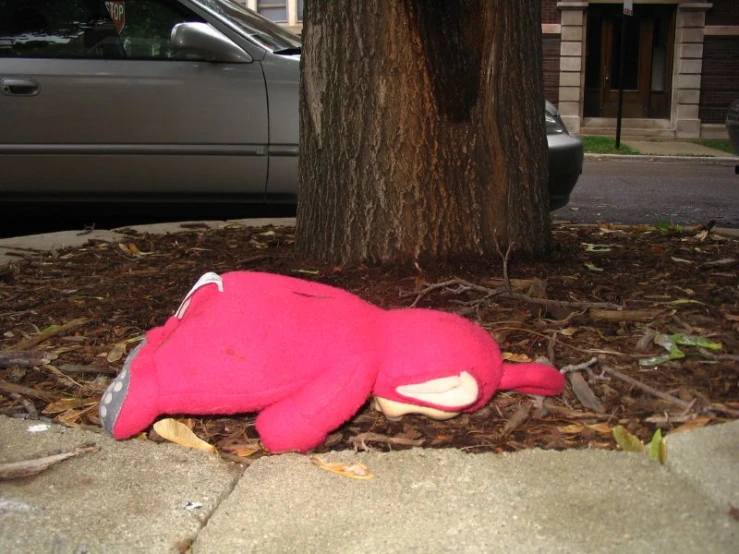 a stuffed animal lies in the middle of leaves on the ground