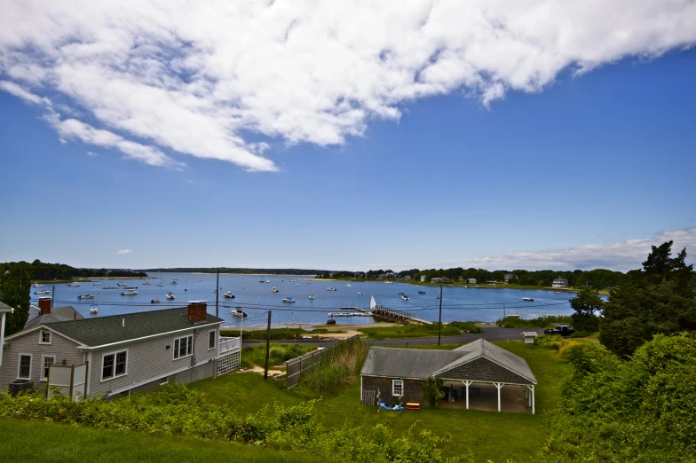 some houses on a grassy hill looking at boats out at sea