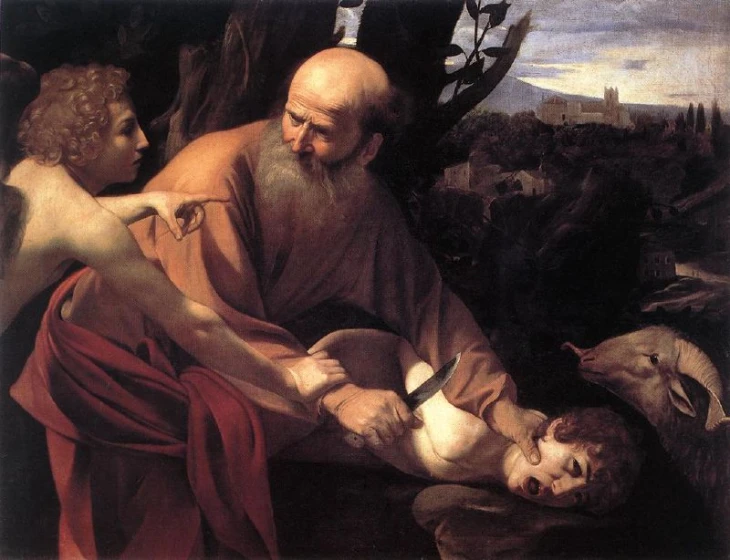 a painting of a man with an infant being held by another man