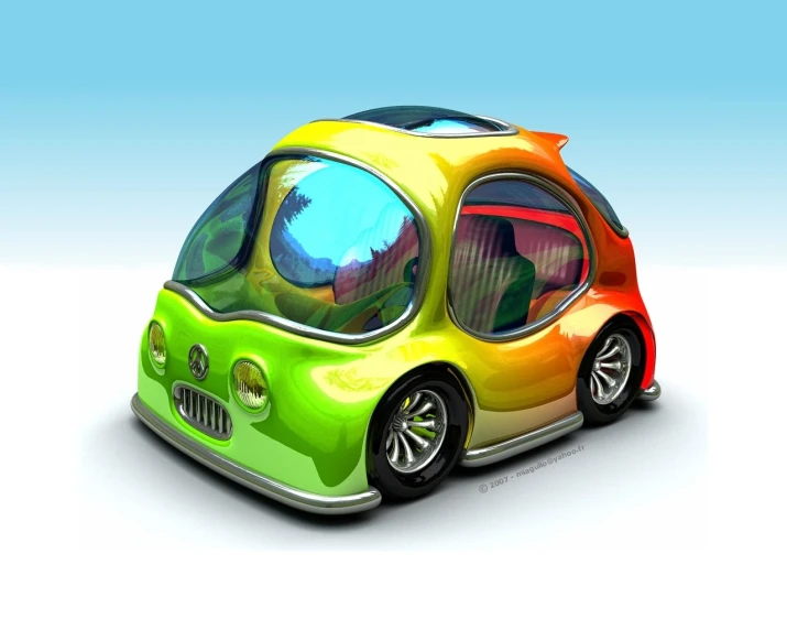 a multicolored car sitting on a white background