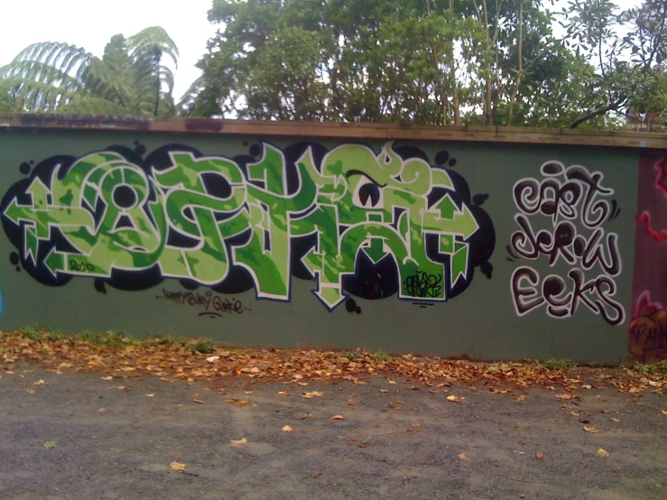 several street signs, including a green wall with graffiti