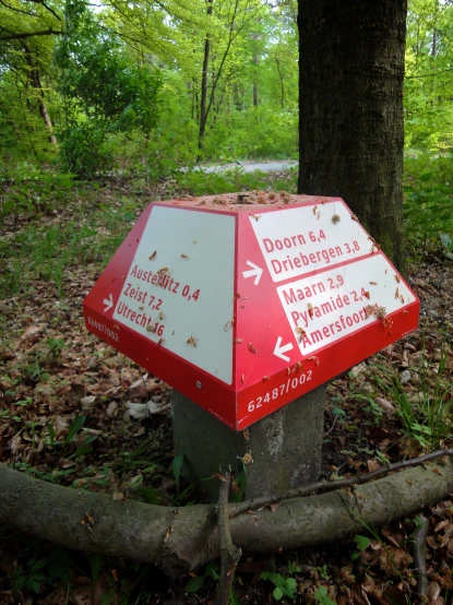 a sign that is sitting in the middle of the forest