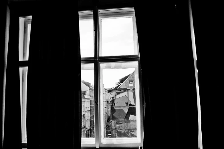 black and white pograph of the outside of a window