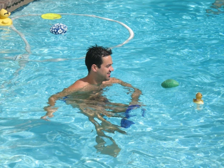 a man playing in the swimming pool with balls