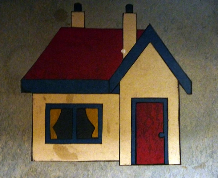 a painting of a colorful house on a plain grey background