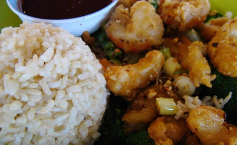 cooked seafood with rice and broccoli and dipping sauce