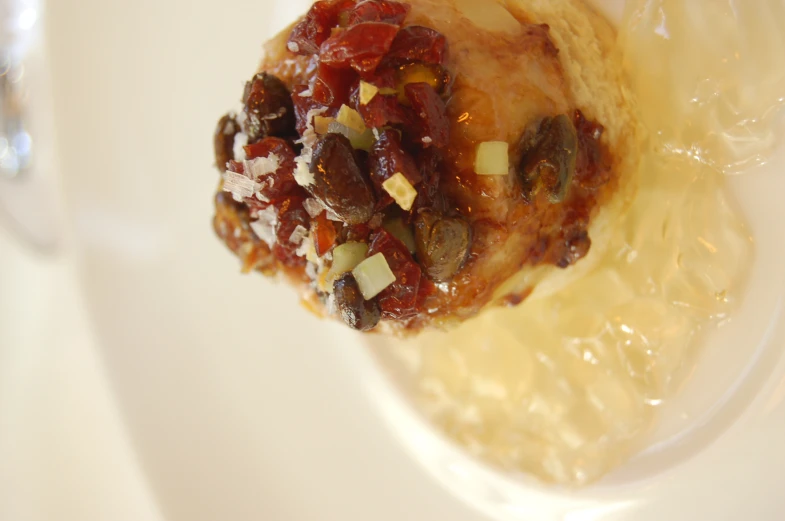 a small dessert is presented on a white plate