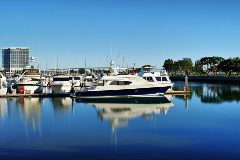 a marina with a few white boats docked on a clear day