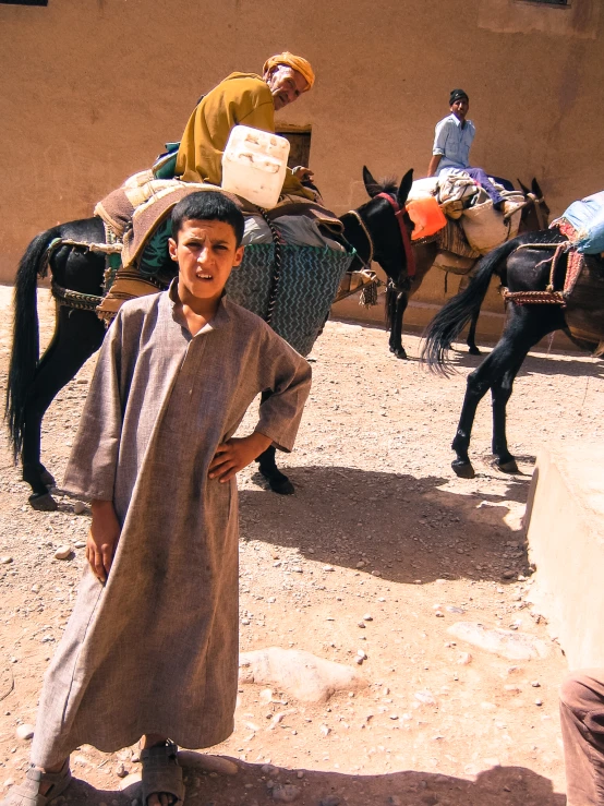 a small boy standing next to donkeys with people on their backs